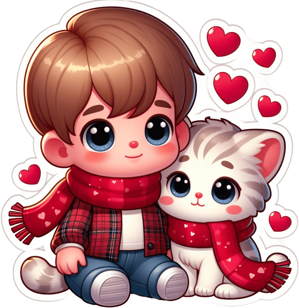 Cozy Winter Boy And Kitten Valentine Sticker 