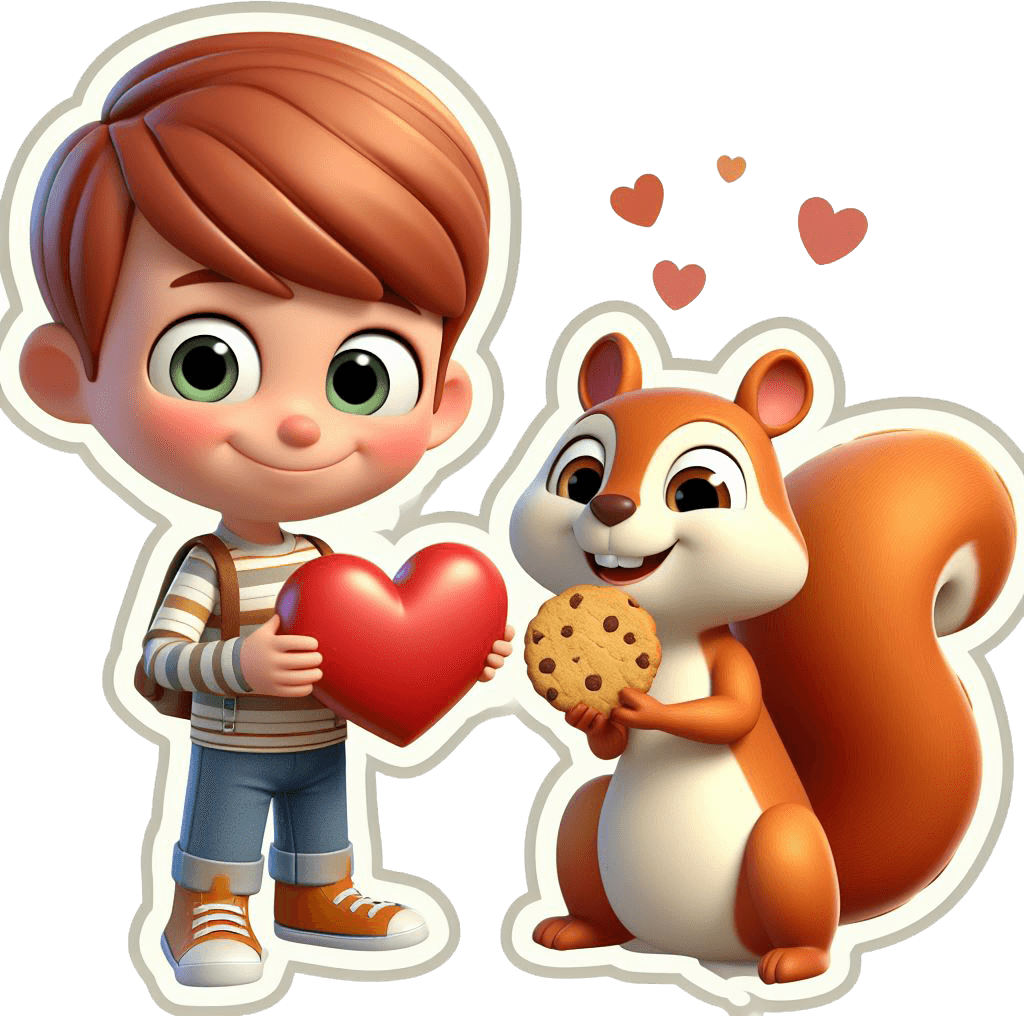 Boy Sharing Heart With Squirrel Valentine Sticker 