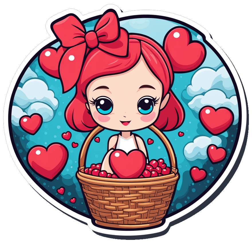 Cartoon Girl With Heart Basket Sticker - Whimsical Love And Joy 