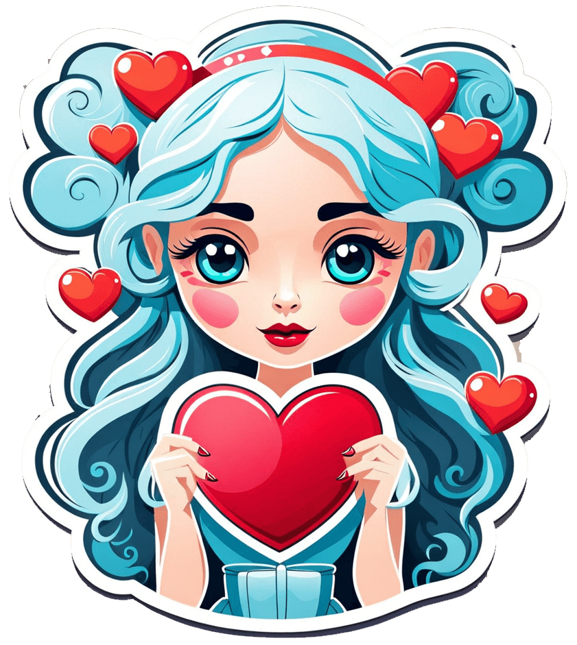 Enchanting Blue-haired Girl With Heart Sticker - Valentine's Day Charm 
