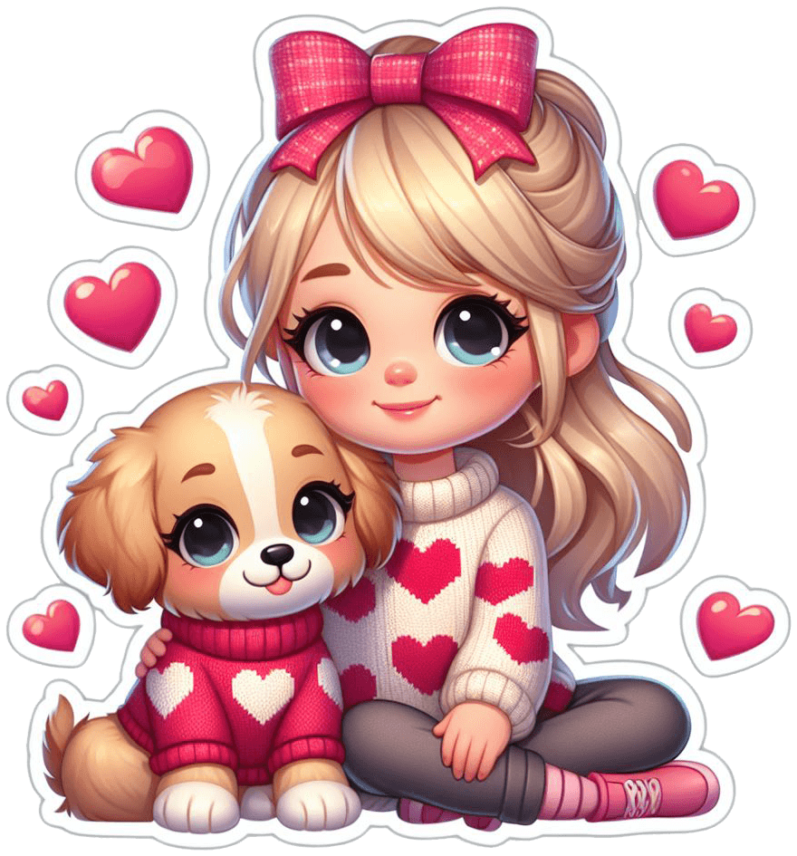 Puppy Love Sticker - Girl With Heart-filled Companion 