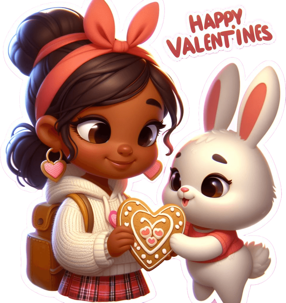 Valentine's Treat Sticker - Girl Giving Heart Cookie To Bunny 