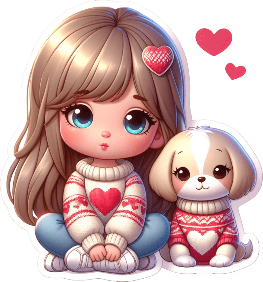 Cozy Love Sticker - Girl And Puppy With Heart Sweaters 