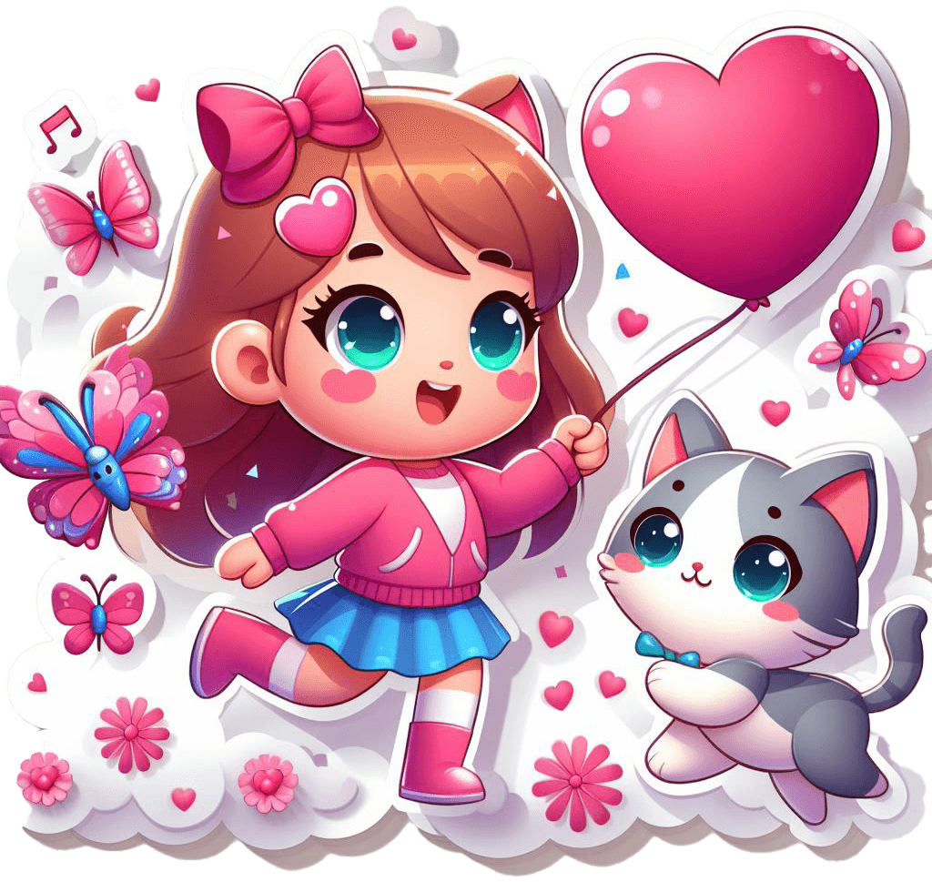 Playful Hearts Valentine's Day Sticker With Girl And Cat 