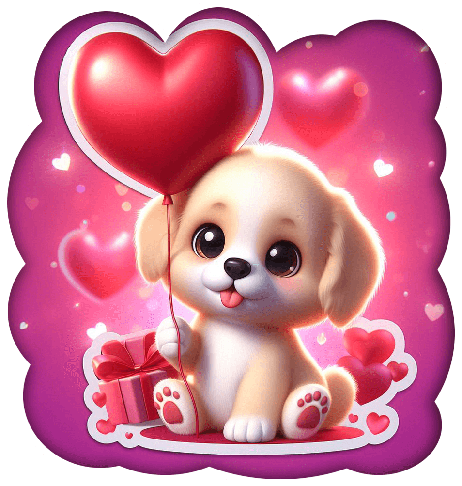 Puppy With Heart Balloon And Gift Valentine's Sticker 