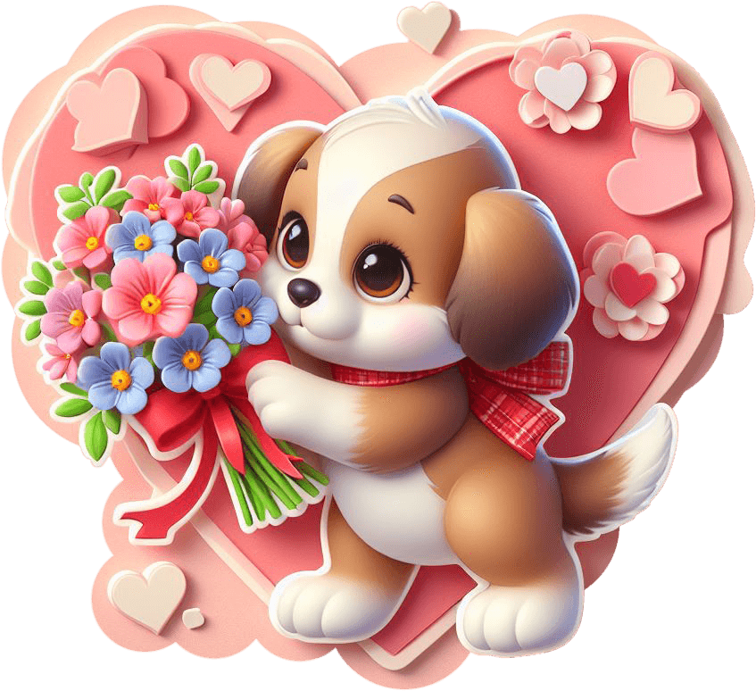 Puppy With Floral Bouquet Valentine's Sticker 