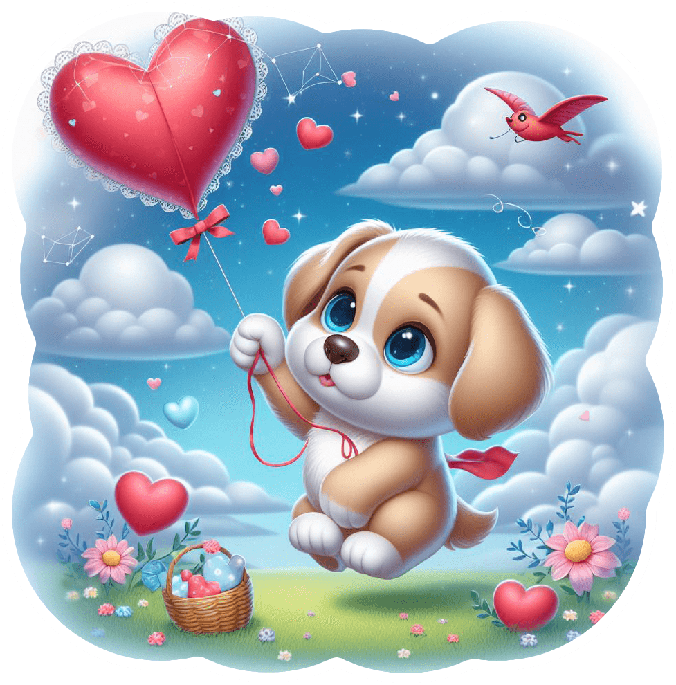 Puppy With Heart Balloon In Clouds Valentine's Sticker 