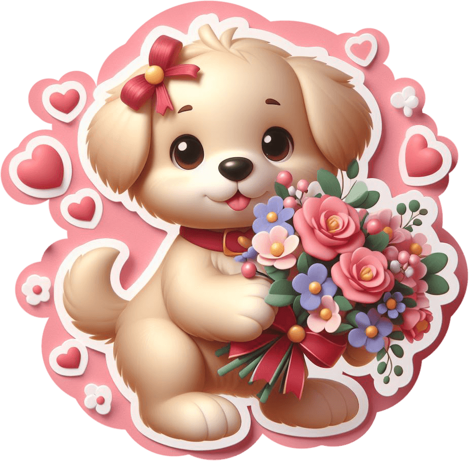 Puppy With Flower Bouquet Valentine's Sticker 