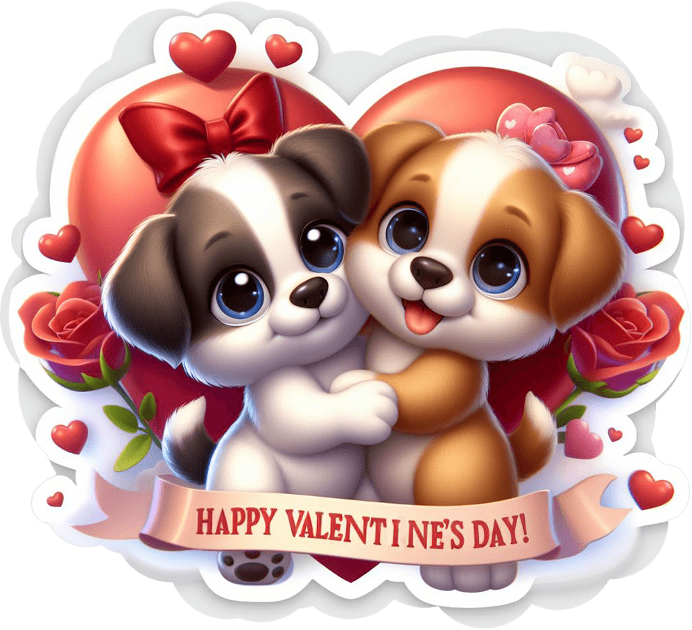 Puppies Embrace With Happy Valentine's Day Banner Sticker 