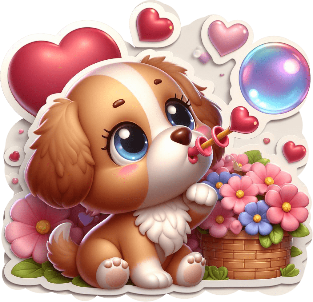 Puppy With Valentine Bubble And Flowers Sticker 