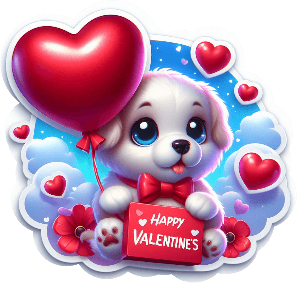 Puppy With Heart Balloon And Valentine's Card Sticker 