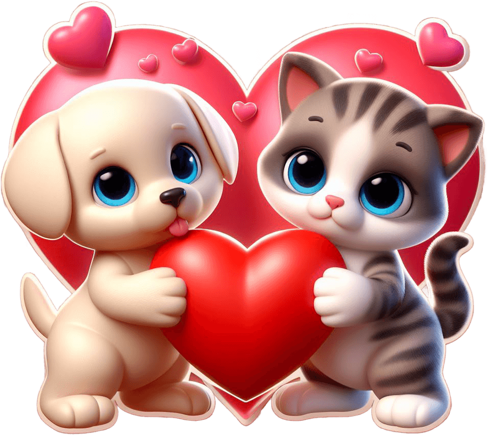 Cute Puppy And Kitten Valentine's Day Sticker With Heart 