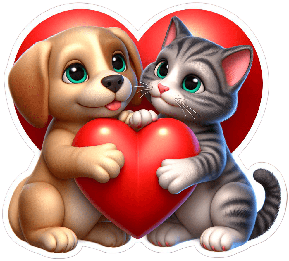 Puppy And Kitten Sharing Heart Valentine's Sticker 