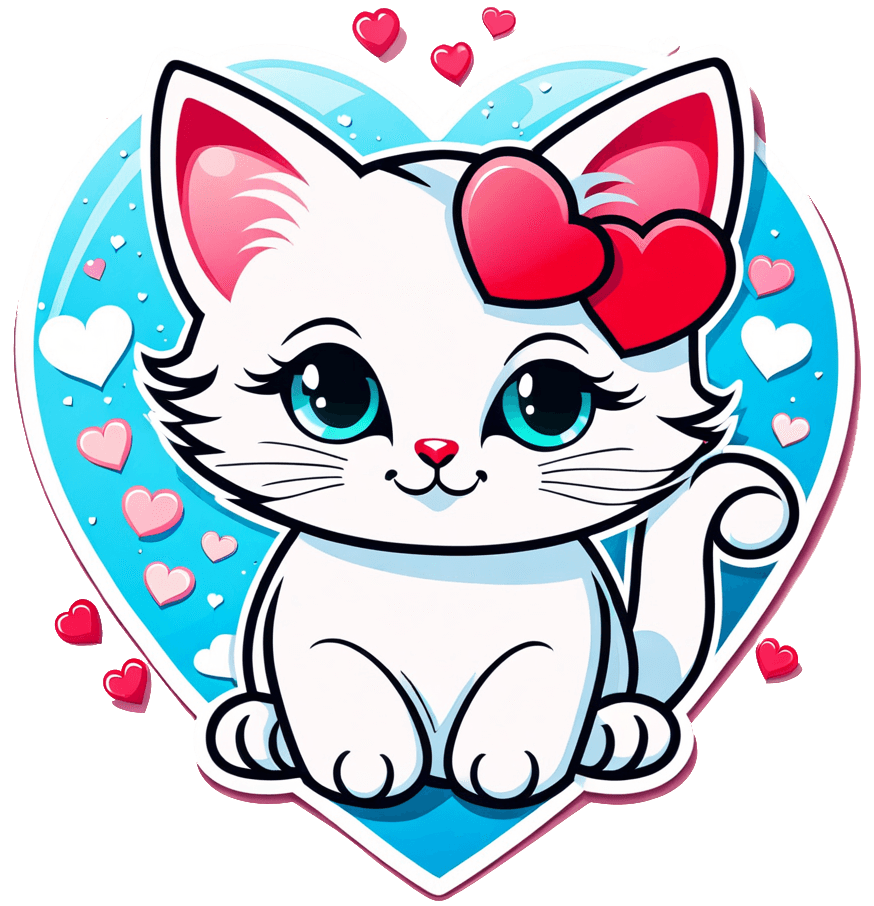 Cartoon Kitten With Red Bow Sticker - Valentine's Day Love Emblem 