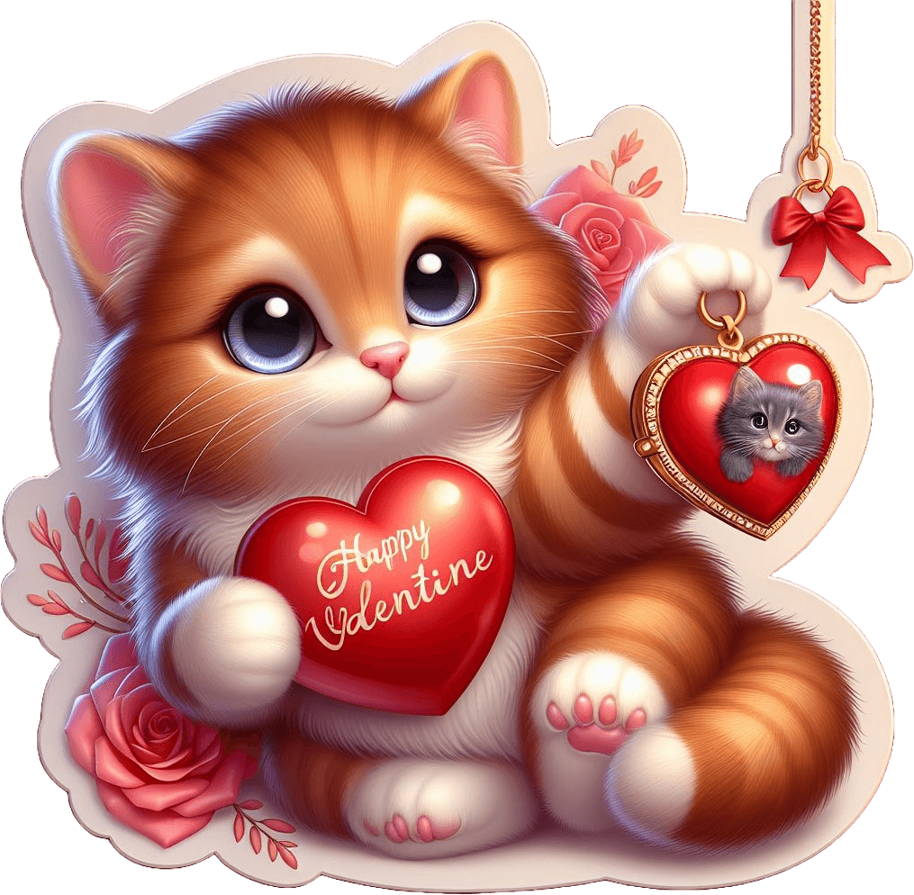 Orange Kitten With Valentine Heart Sticker 