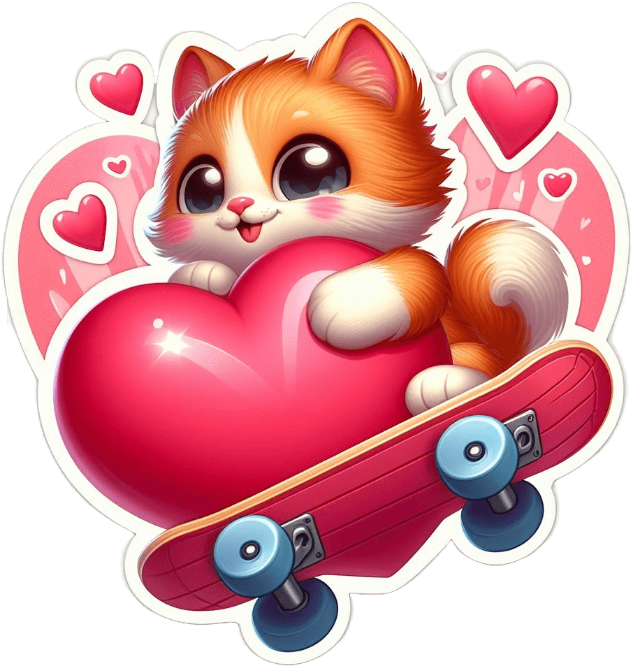 Skateboarding Kitten With Heart Valentine's Sticker 