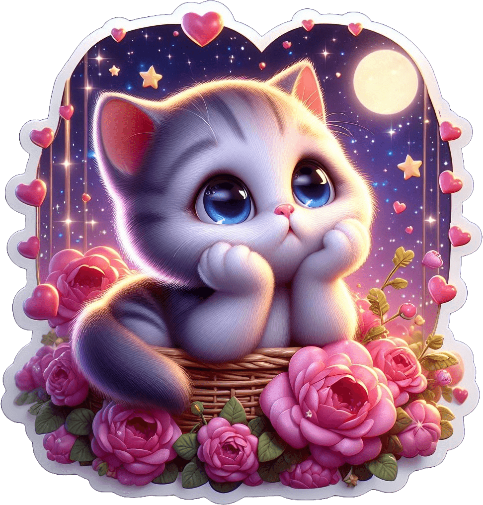 Kitten In Basket With Roses Valentine's Sticker 