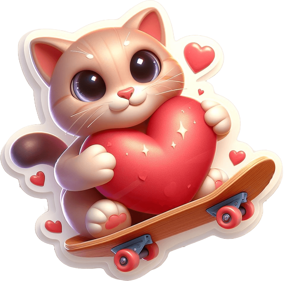 Skateboarding Kitten With Heart Valentine's Sticker 