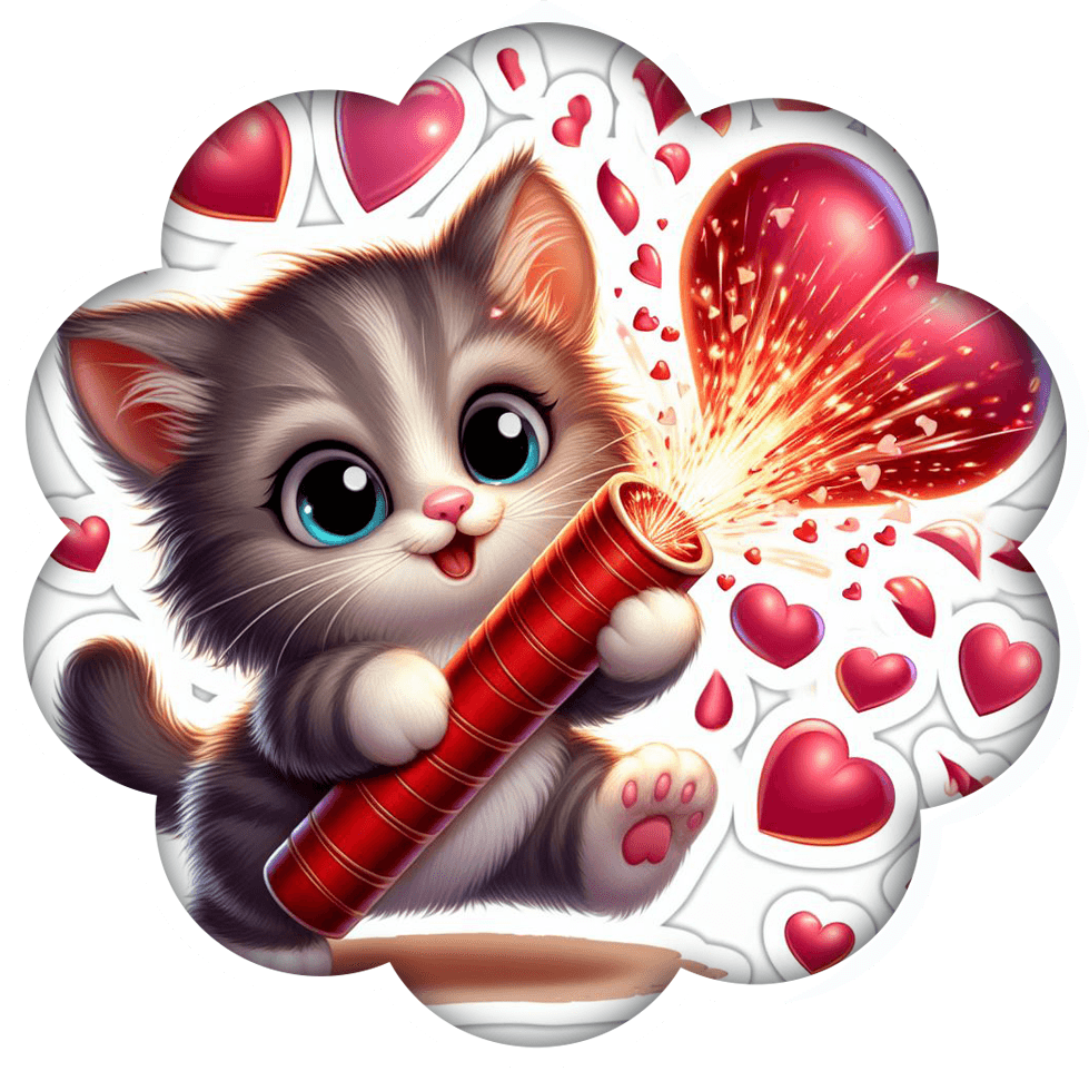 Kitten Playing With Heart Firecracker Valentine's Sticker 