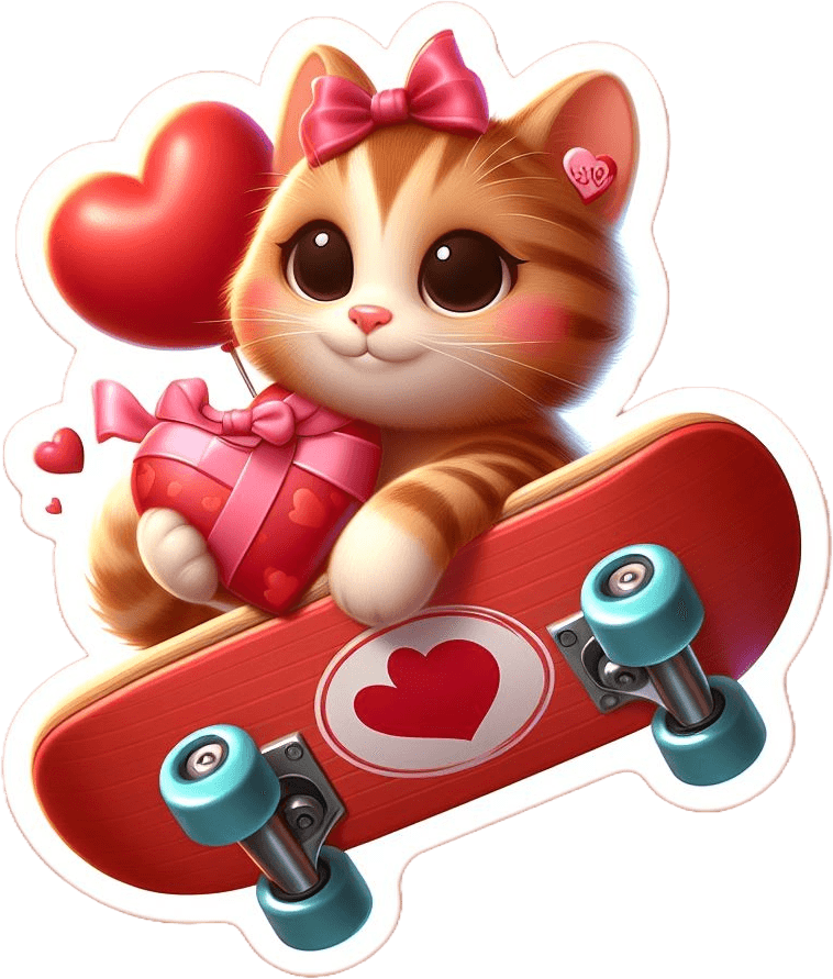 Kitten With Gift On Skateboard Valentine's Sticker 