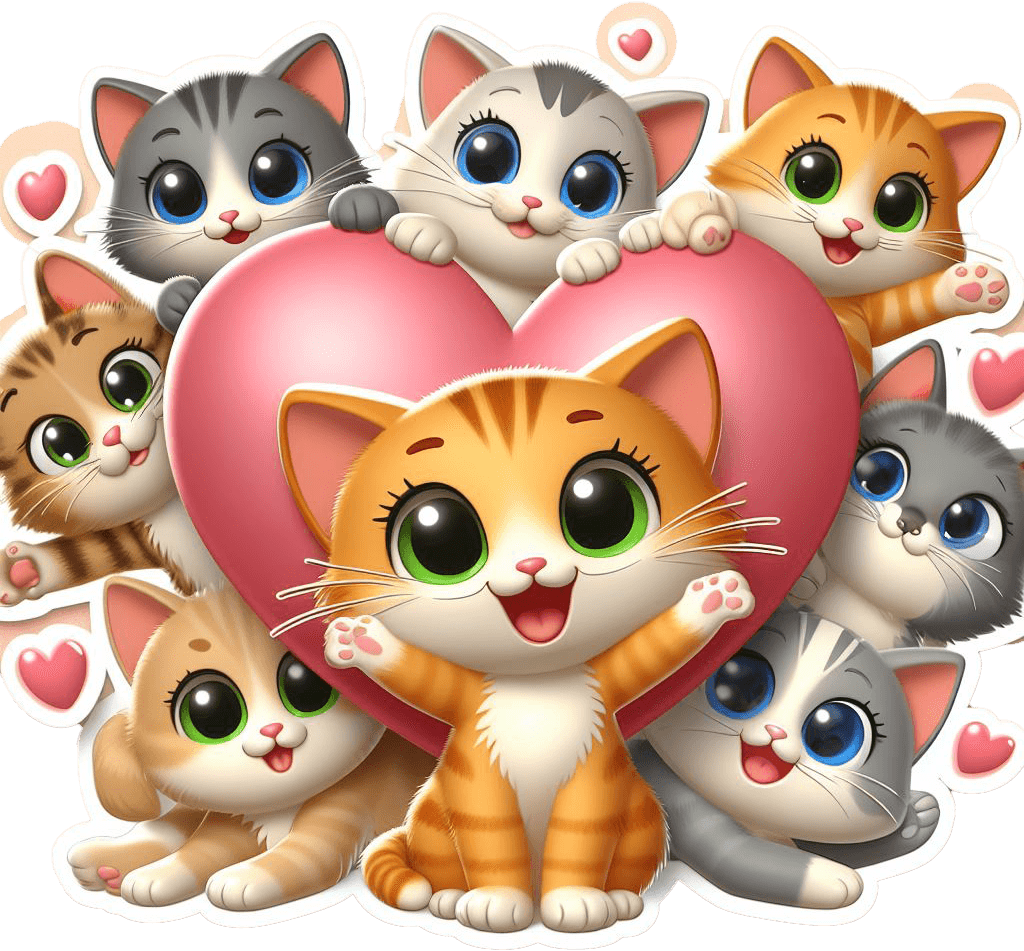Cute Kittens Group Hugging Heart Valentine's Sticker 
