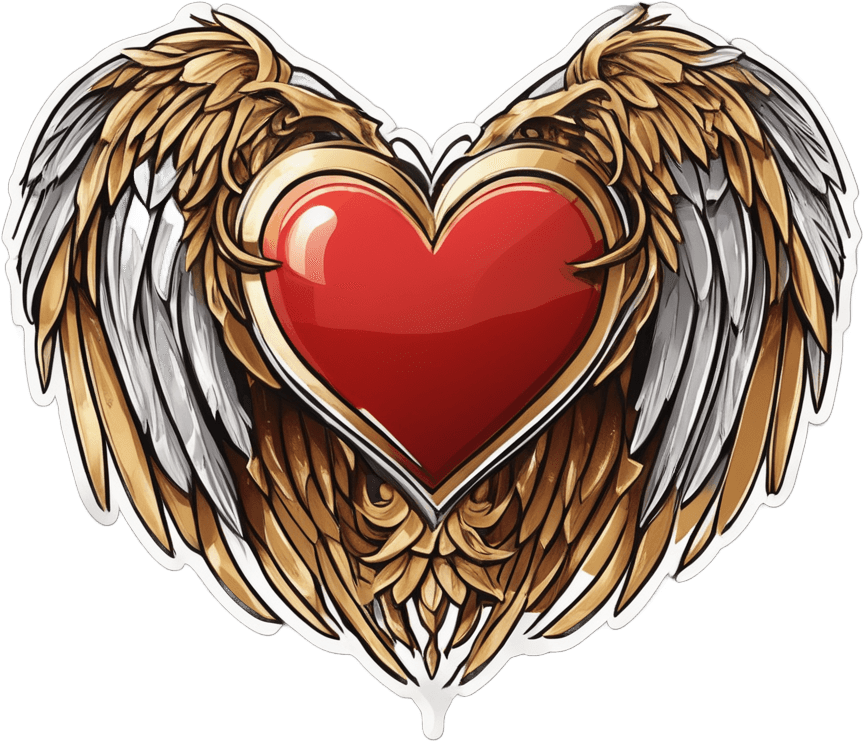 Red Heart With Golden Wings Sticker | Silver Border Love Emblem. 