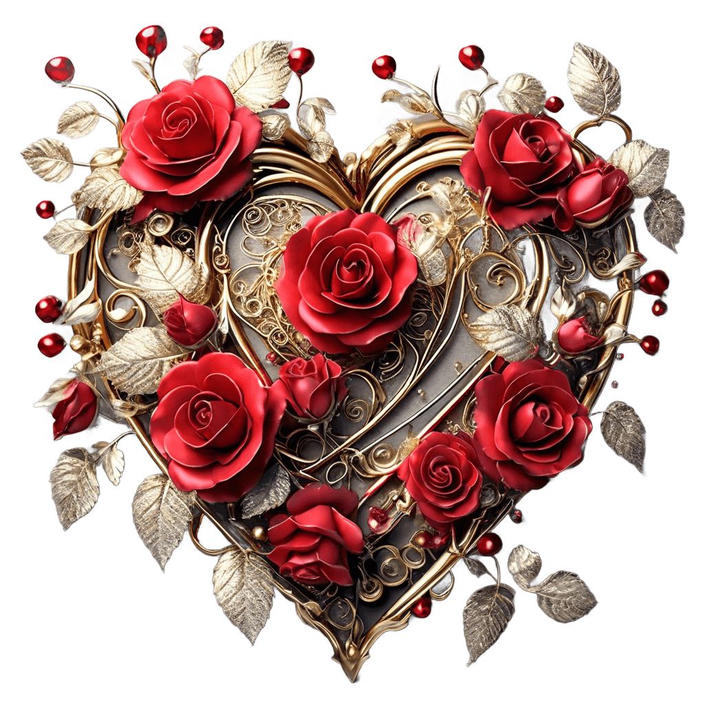 Golden Heart With Intertwining Vines And 3d Red Roses Sticker | Romantic Floral Design 