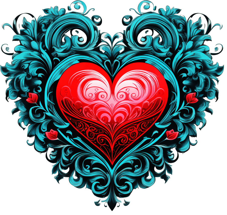 Ornate Red And Teal Heart Illustration - Vibrant Love Symbol 