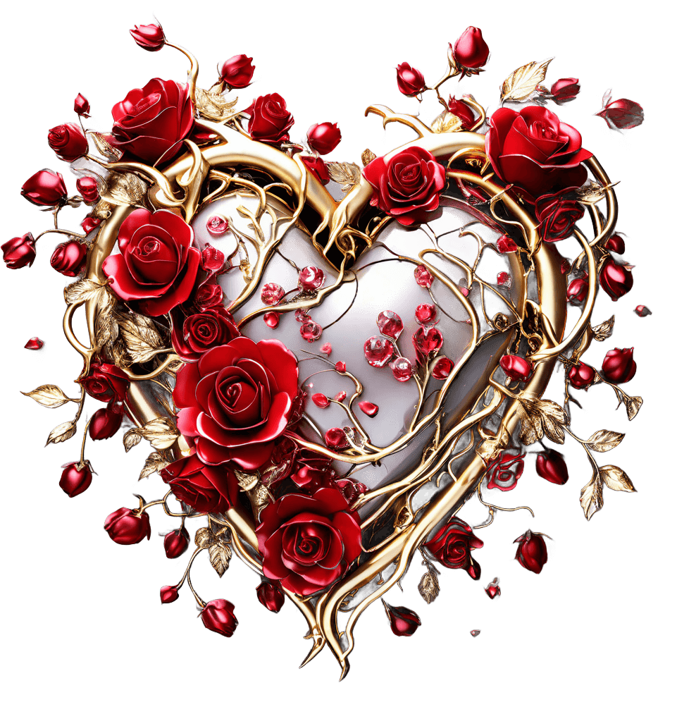 Romantic Red Roses And Golden Heart Illustration - Symbol Of Passionate Love 