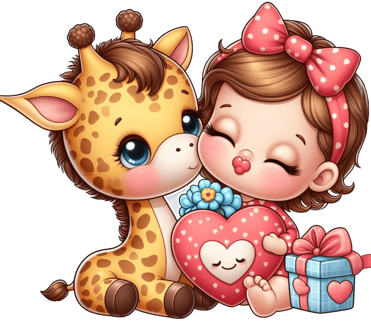 Girl And Giraffe Valentine's Sticker With Heart And Gift - Cute Love Illustration 