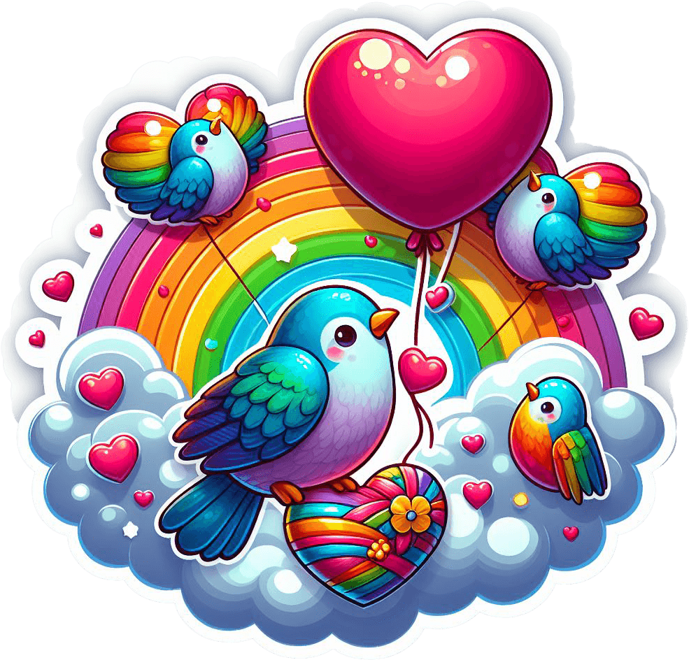 Cheerful Love Birds Valentine's Sticker With Rainbow Heart Balloon 