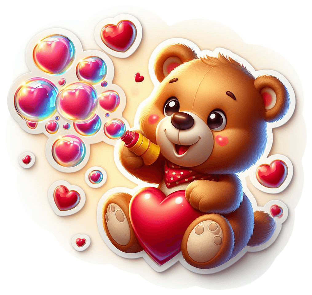 Valentine's Playful Teddy Bear Heart Bubbles Sticker 
