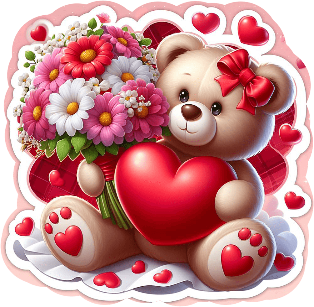Teddy Bear With Heart Bouquet Valentine's Sticker 