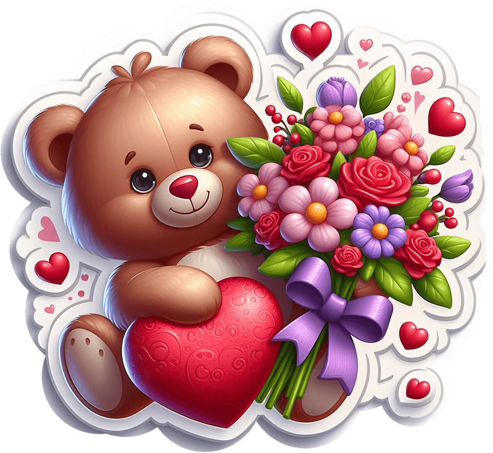 Teddy Bear With Heart And Flowers Valentine's Sticker 