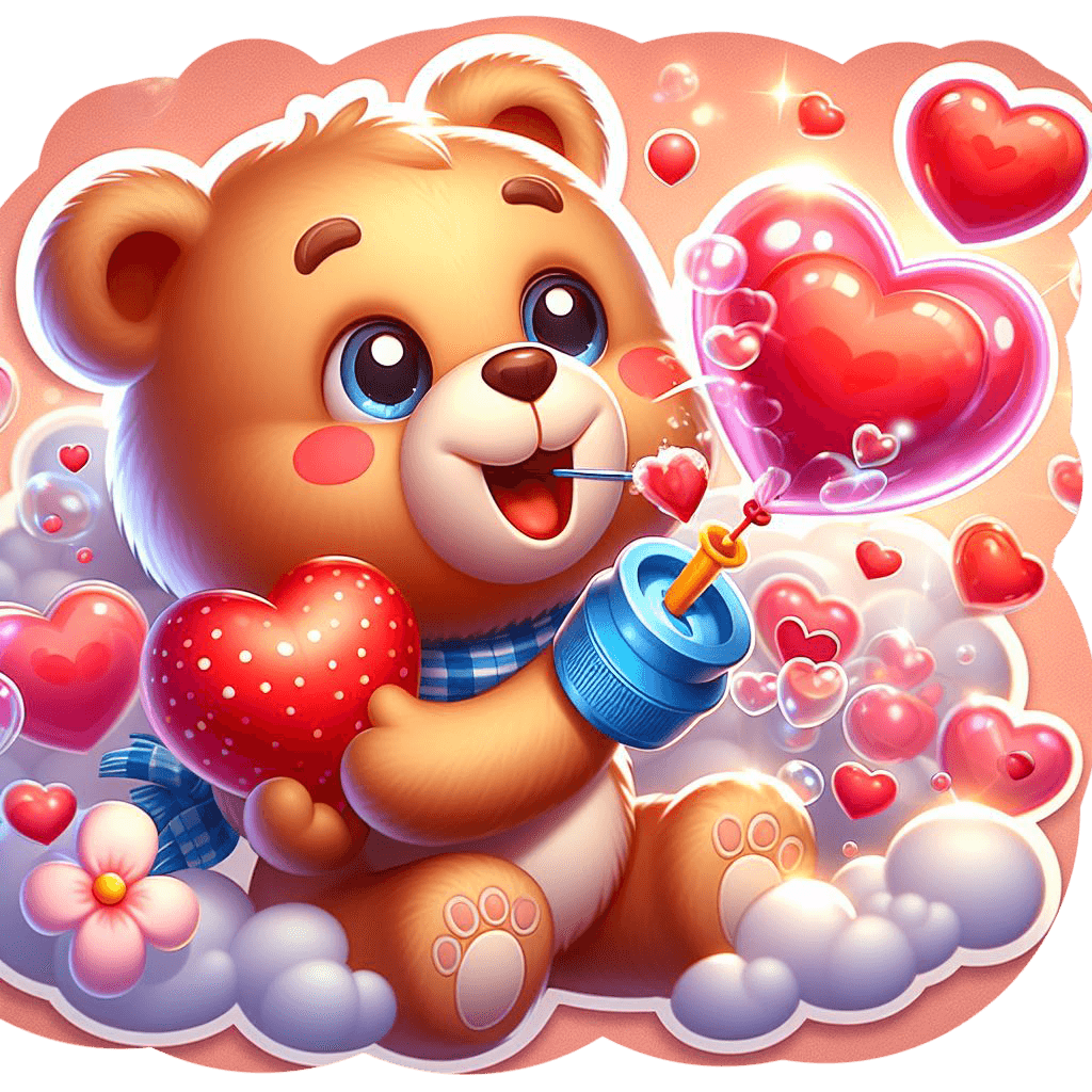 Teddy Bear Blowing Heart Bubbles Valentine's Sticker 