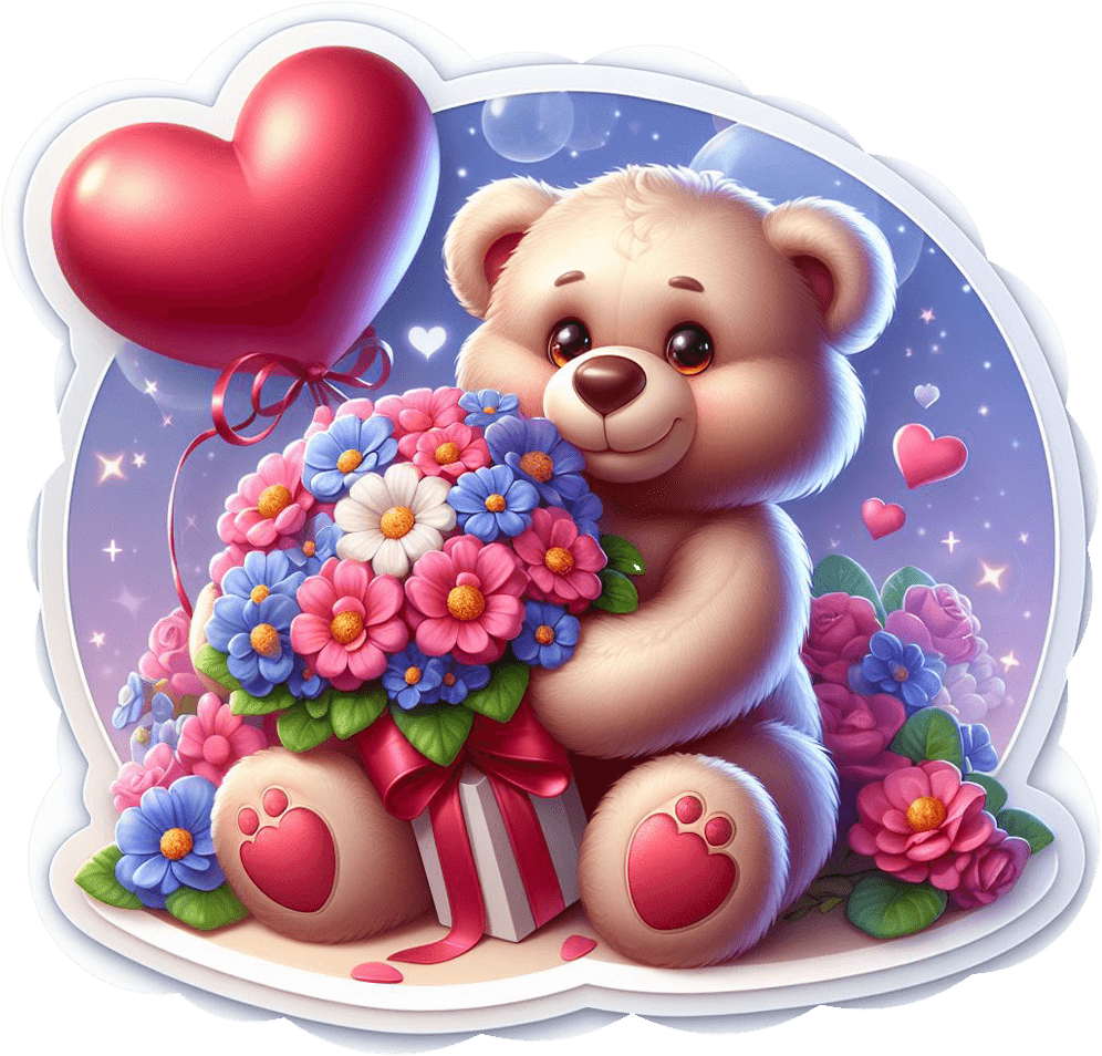 Teddy Bear With Floral Heart Balloon Valentine's Sticker 